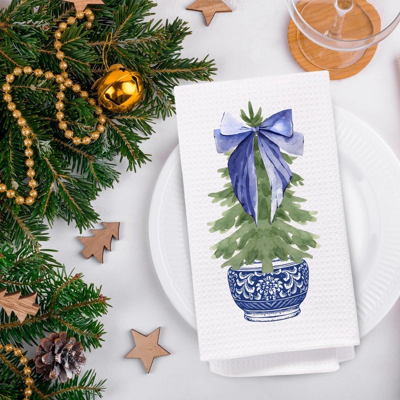 SPBL&L Chinoiserie Christmas Kitchen Towels,Blue and White Porcelain Chinoiserie Christmas Tree Hand Towels for Bathroom,Christmas Dish Towels for Kitchen, Christmas Kitchen Bathroom Decor,16x24 Inch - Image 3